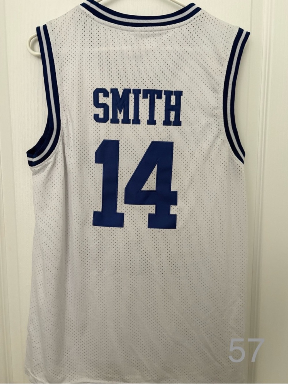 Smith #14 White and Navy Basketball Jersey - Men